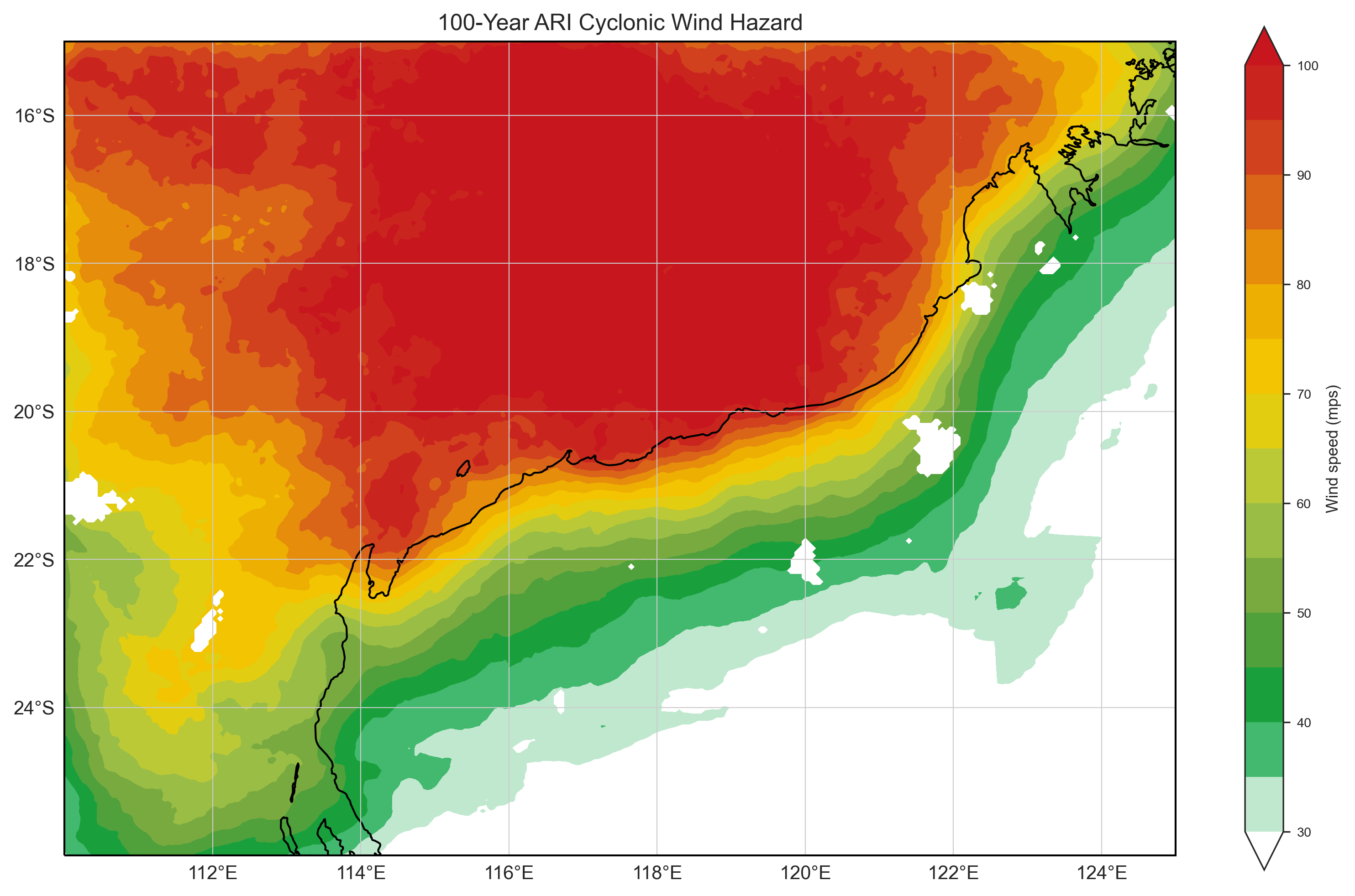 100-year return period wind speed near Port Hedland, Australia.
