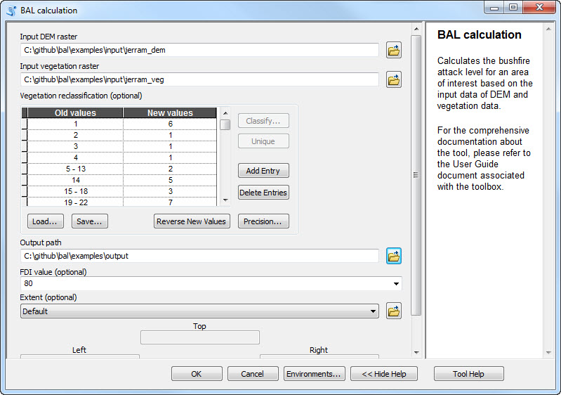 Example input parameters within BAL calculation window.